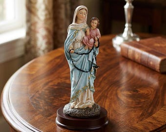 Statue de Notre-Dame du Rosaire | Figurine Vierge Marie catholique de 8,5 po. avec l'enfant Jésus | Statue de dévotion mariale en résine et bois