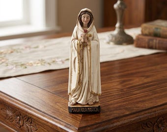 Statue de la rose mystique | Figurine Vierge Marie en résine catholique de 20 cm | Statue de dévotion mariale rose mystique | Cadeau religieux pour autel de maison