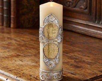 Saint Benedict Devotional Candle | Catholic Prayer Candle with Gold Wax Relief | St. Benedict Medal Candle | Religious Home Altar Decor