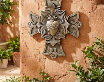 Sacred Heart Garden Plaque | Catholic Outdoor Wall Cross Decor | Sacred Heart of Jesus Garden Wall Hanging | Stoneresin Religious Plaque
