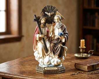 Estátua da Santíssima Trindade | Estatueta Católica de Resina de 21,5 cm | Estátua Religiosa do Pai, Filho e Espírito Santo Pintada à Mão | Decoração Cristã para Altar Doméstico