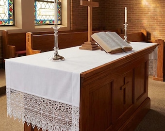 Budded Cross Lace Altar Cloth | 75" x 28" Church Altar Frontal | Catholic Liturgical Linen | All-Season Altar Decor