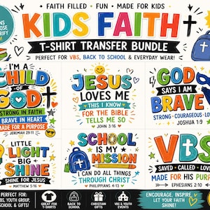 May include: A colorful T-shirt transfer bundle with six designs featuring religious themes. The designs include phrases like "Child of God," "Jesus Loves Me," and "God Says I Am Brave." Perfect for VBS, youth groups, and school.