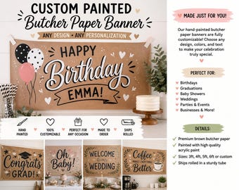 Striscione personalizzato in carta da macellaio marrone / Striscione per feste dipinto a mano / Striscione di compleanno personalizzato / Decorazioni per baby shower, matrimoni e lauree / Personalizzato