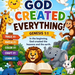 Puede incluir: Portada de libro educativo infantil con el título "GOD CREATED EVERYTHING!". La imagen presenta animales de dibujos animados, un sol sonriente y el texto "GENESIS 1:1" y "¡ACTIVIDADES DIVERTIDAS PARA APRENDER LA PALABRA DE DIOS!". Para niños de 4 a 8 años.