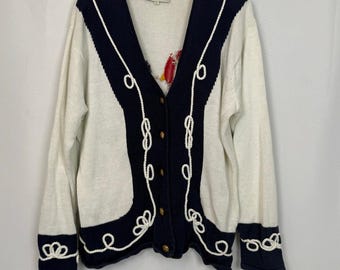Vintage 1995 Susan Bristol Pullover, Nautical Cat Design, Seilbesatz-Detail, neue Traditionen, Cottagecore Grannycore, großes, datiertes Etikett