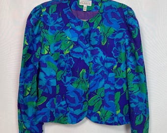 Adrianna Papell Womens Jacket Size 10 Purple Floral Silk Puff Sleeve Vintage
