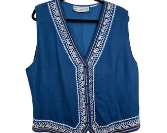 Chaleco vintage de lana bordado Bonjour, azul, con botones delanteros, estilo folk bohemio para mujer, talla L
