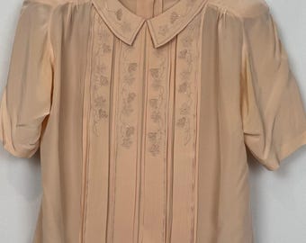Vintage 80s Paul Alexander 100% Silk Blouse Embroidered Floral Champagne Size 14