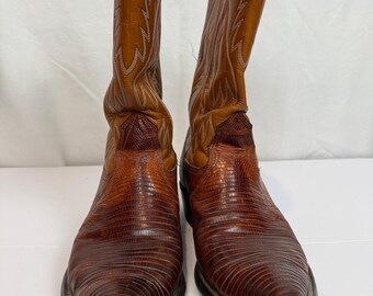 Nocona Boots Vintage USA Lizard Skin Leather Cowboy Western Boots Brown 11 D
