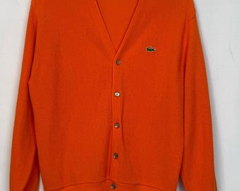 Vintage IZOD Lacoste Orange Cardigan Sweater Orlon Acrylic Made USA Size Large Grandpa Style