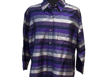 Top vintage de seda con rayas metálicas y botones frontales de Chico's Design, talla L (2)