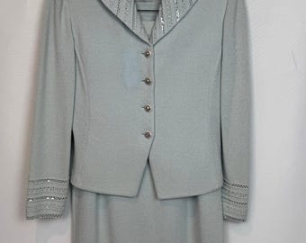Vintage St. John Evening by Marie Gray Sage Mint Sequin Knit Jacket Skirt Suit | Size 6/8 | 1990s 2000s Designer Luxury