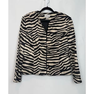 Adrianna Papell Vintage 100% Silk Jacquard Zebra Print Open Front Jacket Size 14 image 1
