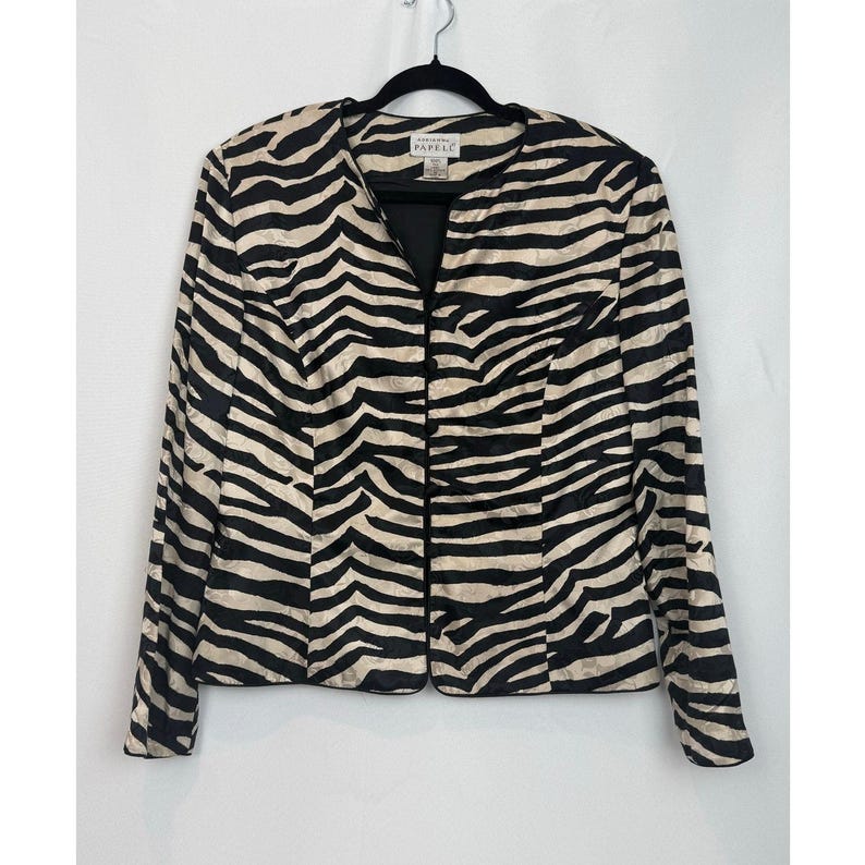 Adrianna Papell Vintage 100% Silk Jacquard Zebra Print Open Front Jacket Size 14 image 1