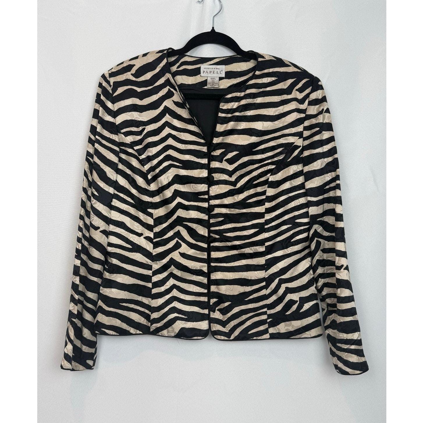 Chaqueta Adrianna Papell Vintage 100% Seda Jacquard Estampado de Cebra con Frente Abierto Talla 14