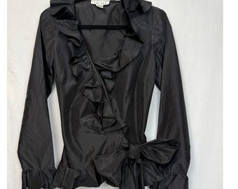 Vintage Chetta B Sherrie Bloom 100% Silk Ruffle Wrap Top Black Size 6 Taffeta