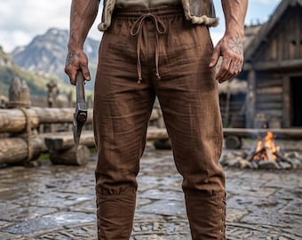 Pantalones vikingos de lino para hombre, pantalones medievales de algodón y lino, pantalones piratas renacentistas, disfraz nórdico para LARP, conjunto vikingo con cordón ajustable.