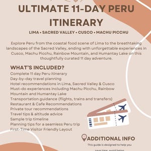 Può includere: Una guida turistica per un itinerario di 11 giorni in Perù. Include Lima, la Valle Sacra, Cusco e Machu Picchu. La guida elenca cosa è incluso, come la pianificazione giornaliera, le raccomandazioni sugli hotel e le indicazioni sui trasporti. Sono mostrati due biglietti aerei.