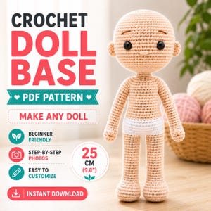 Virkad dockbasmönster PDF | Amigurumi dockkroppsmönster | Enkel nybörjarvirkad docka | Tom dockbas | Gör-det-själv-mjukisdjur | Direktnedladdning