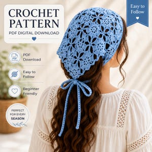 Crochet Triangle Scarf Pattern | Bandana Head Scarf PDF | Floral Granny Square Kerchief | Easy Boho Hair Wrap | Digital Download