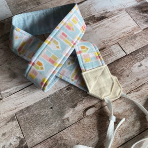 Blue and Rainbow Castle Windows Cotton and Chambray Camera Strap with White Nylon