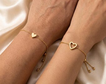 Dainty Gold Heart Bracelet Set, Mother Daughter Matching Jewelry