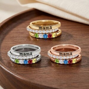Personalized Mama Ring Set with Birthstones • Custom Triple Stacking Name Rings • Unique Mother’s Day Jewelry Gift for Mom & Grandma
