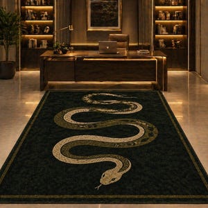 Puede incluir: Alfombra rectangular con diseño de serpiente en beige y verde oliva sobre fondo verde oscuro. La serpiente está centrada, con la cabeza hacia abajo. La alfombra está en un entorno de oficina lujoso. Medidas en centímetros.