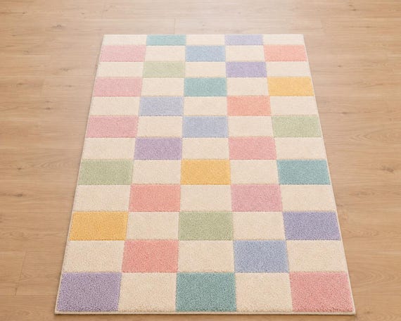 Pastel Checkered Rug, Kids Room Rug, Nursery Area Rug, Soft Fluffy Rug for Baby Room, Aesthetic Checkerboard Carpet, Playroom Decor Mat