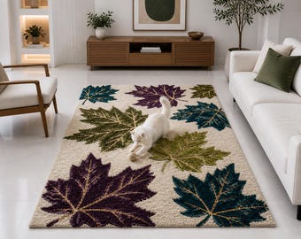 Autumn Leaf Pattern Rug Handmade Tufted Wool Area Rug Colorful Botanical Carpet Living Room Bedroom Decor Soft Thick Plush Rug 4x8 Ft.