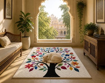 Alfombra colorida con el Árbol de la Vida, alfombra floral, alfombra bohemia para sala de estar, alfombra tejida a mano, alfombra para recibidor, decoración inspirada en la naturaleza, alfombra moderna para el hogar.
