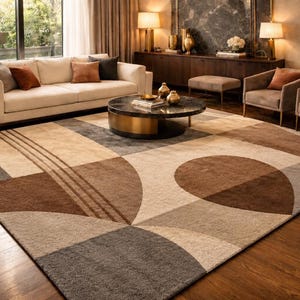 Hand-Tufted 8x10 Abstract Wool Rug, Beige Brown Grey Geometric Carpet, Modern Living Room Area Rug, Handmade Rectangular Decor