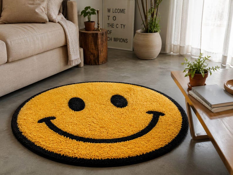 Yellow Smiley Face Tufted Rug Round Smile Rug, Cute Aesthetic Room ...