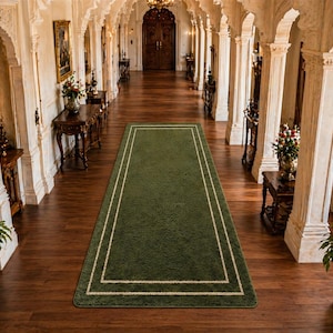 Groene loper met rand handgemaakt wollen gangloper luxe gangkleed aangepast formaat lange loper modern klassiek vloerkleed 3 x 8 ft.