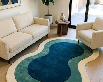 Abstract Organic Shape Rug, Modern Tufted Area Rug, Blue Green Wool Look Carpet, Irregular Scandinavian Living Room Rug