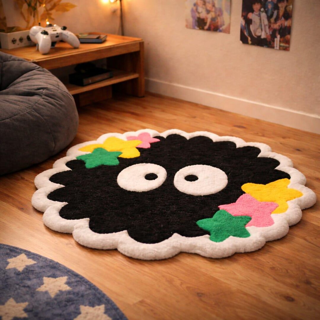Cute Black Cartoon Tufted Rug With White Border, Colorful Star Design ...