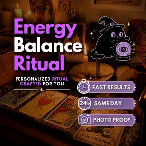 Peut inclure: Un graphique numérique avec le texte Energy Balance Ritual et Personalized Ritual Crafted For You. Il comprend une illustration de chat noir avec une boule de cristal, des cartes de tarot, des bougies et des icônes pour résultats rapides.