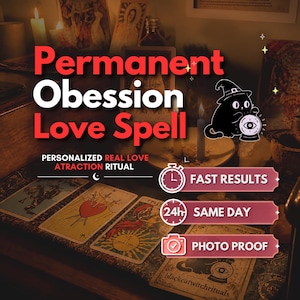 Op de afbeelding: Een digitale afbeelding met de tekst Permanent Obsession Love Spell en Personalized Real Love Attraction Ritual. Het bevat iconen voor snelle resultaten, 24-uurs service op dezelfde dag en fotobewijs, naast een zwarte kat en tarotkaarten.