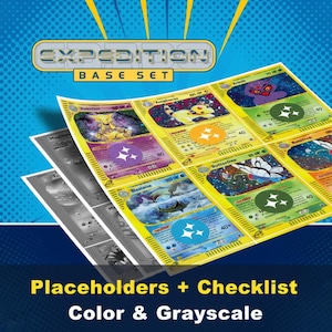 Op de afbeelding: Een set Pokémon-ruilkaarten uit de Expedition Base Set, met verschillende kleurrijke karakterillustraties. De kaarten worden weergegeven met een kleuren- en grijswaarden checklist, met de tekst "Placeholders + Checklist Color & Grayscale".