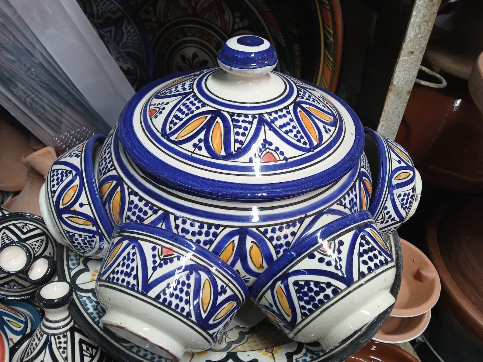 Hand-Painted Moroccan Ceramic Soup Tureen Set with Serving Bowls — view 3