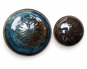 Handgemachte Keramik Servierschalen | Blaue Bronze Steingut-Keramik-Set, strukturierte dekorative Schalen