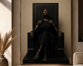 Könnte beinhalten: Ein gerahmter Wandkunstdruck, der eine dunkelhäutige Person in einem schwarzen One-Shoulder-Kleid mit goldenem Schmuck auf einem schwarzen Thron zeigt. Der Hintergrund besteht aus einer beigen Platte mit goldenem Rand in einem bronzenen Rahmen.