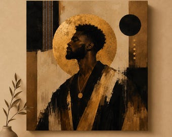 Könnte beinhalten: Abstrakter Kunstdruck, der das Profil einer Person mit Bart und goldenem Heiligenschein zeigt. Das Kunstwerk verwendet eine Farbpalette aus Schwarz, Gold und Beige mit Pinselstrich-Texturen. Eine goldene Halskette ist zu sehen.