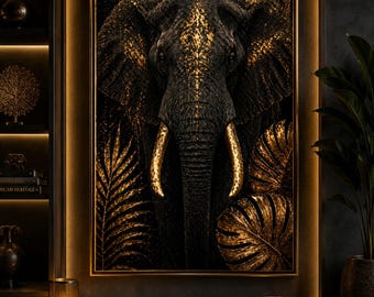 Könnte beinhalten: Gerahmtes Kunstwerk mit einer detaillierten Darstellung des Gesichts eines Elefanten, in Schwarz und Gold gehalten. Die Stoßzähne des Elefanten und Teile seiner Haut sind goldfarben hervorgehoben. Goldfarbenes Laub umgibt den Elefanten und erzeugt eine luxuriöse, künstlerische Ästhetik.