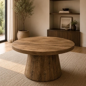 May include: A round coffee table constructed from medium-toned wood with a visible grain pattern. The table features a thick, circular tabletop supported by a wide, cylindrical pedestal base that tapers slightly toward the top.
