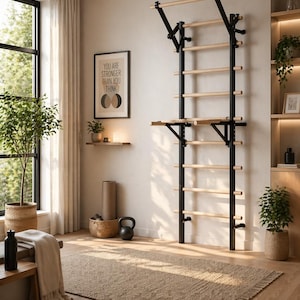 May include: A home gym setup featuring a black and wood wall-mounted ladder with horizontal bars. A framed print with the text "YOU ARE STRONGER THAN YOU THINK" hangs on the wall. The room includes a yoga mat, kettlebell, and a woven rug.