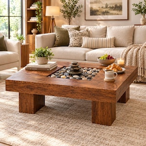 May include: A square wooden coffee table with a dark brown finish and thick block legs. The center features a recessed square basin filled with smooth river stones and a stacked stone water fountain. Two books are stacked on the table surface.