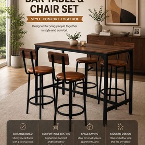 May include: A 5-piece bar table and chair set featuring a rectangular dark wood tabletop with a black metal frame. Four matching stools have round brown seats, black metal frames, backrests, and circular footrests for a cohesive furniture arrangement.