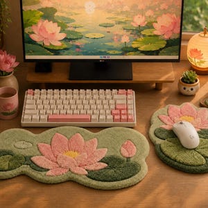 Lotus Serenity Tufted skrivbordsmatta, botaniskt tangentbord och mus handledsstöd för zen-kontorsarbetsplats